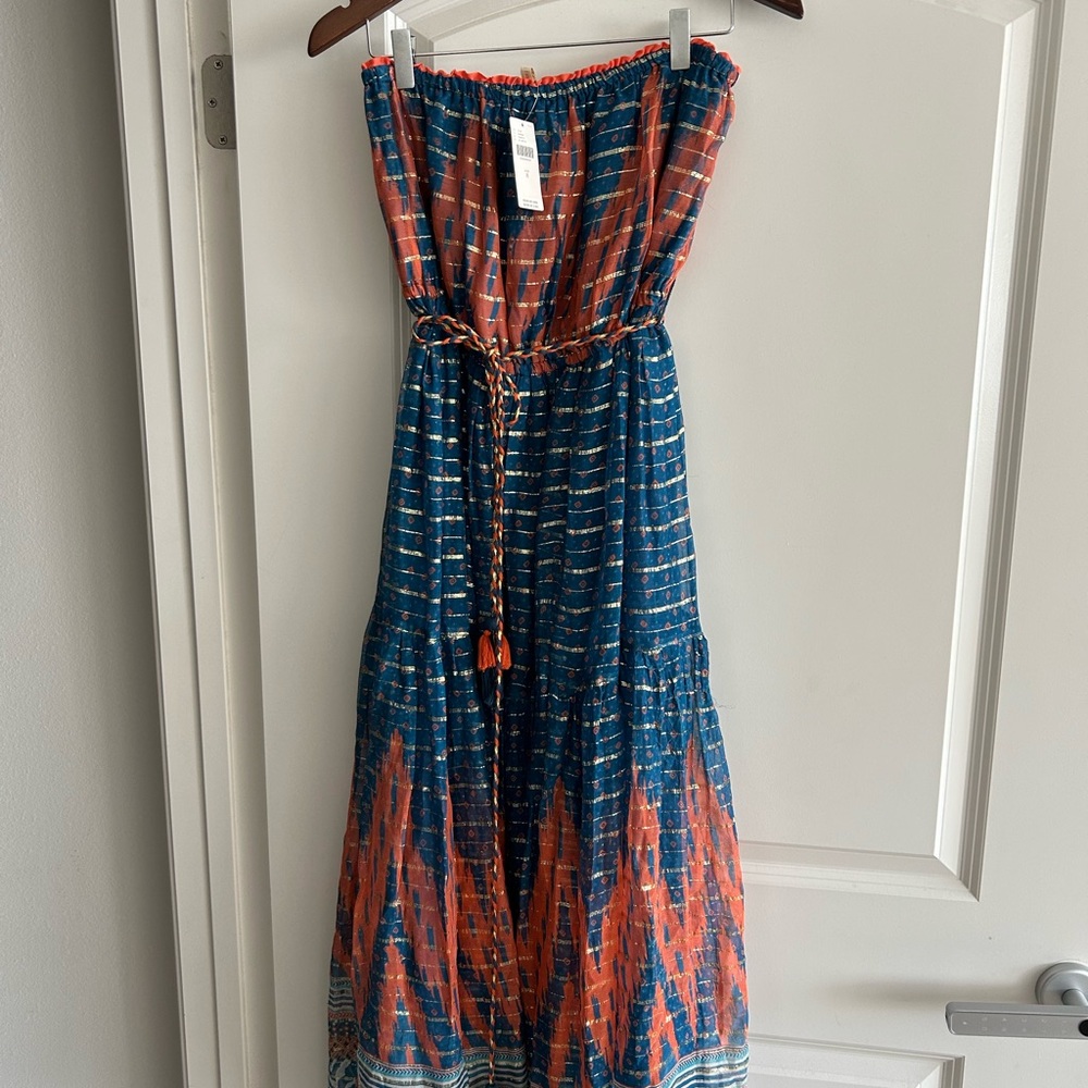 Anthropologie Strapless Dress in Blue and Orange
